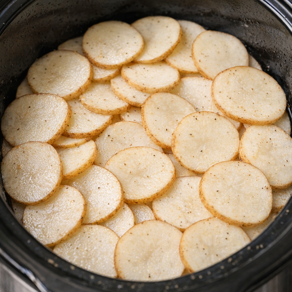 Layer of sliced potatoes in the bottom of a slow cooker