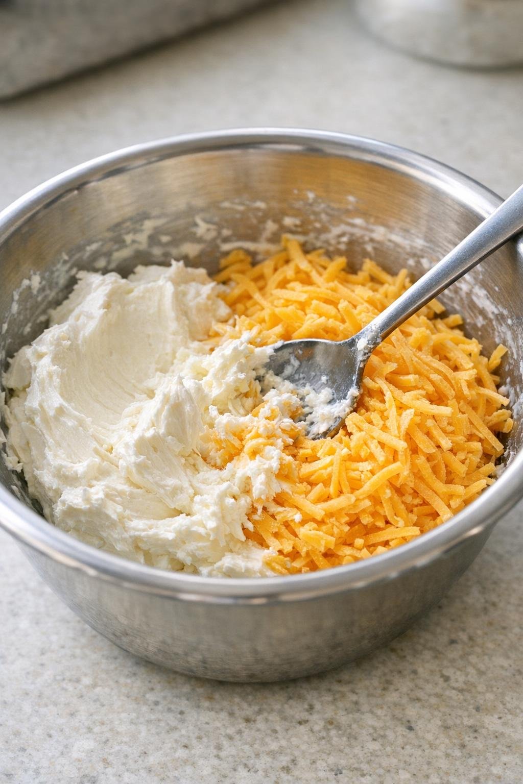 Ser śmietankowy i cheddar wymieszane w misce