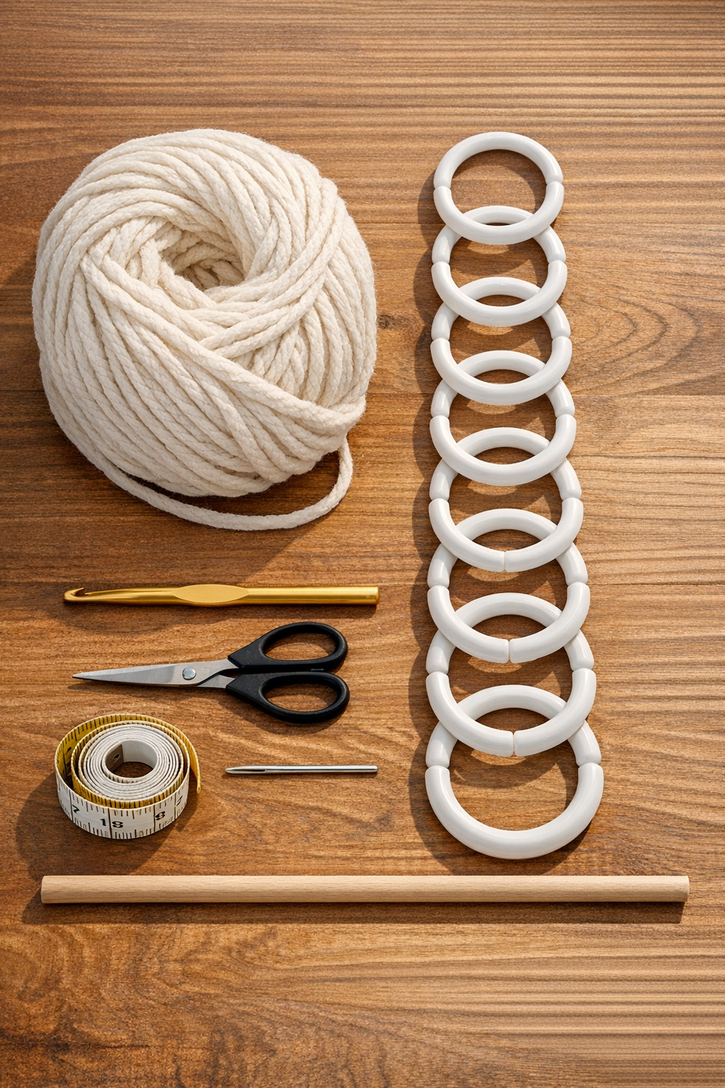 Materials for a crochet locker organizer laid out neatly