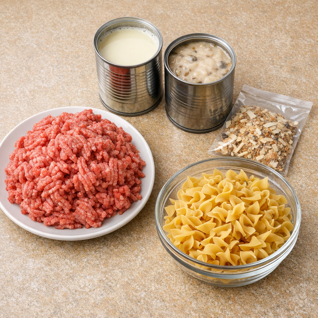 Ground beef, evaporated milk, cream of mushroom soup, onion soup mix, and egg noodles