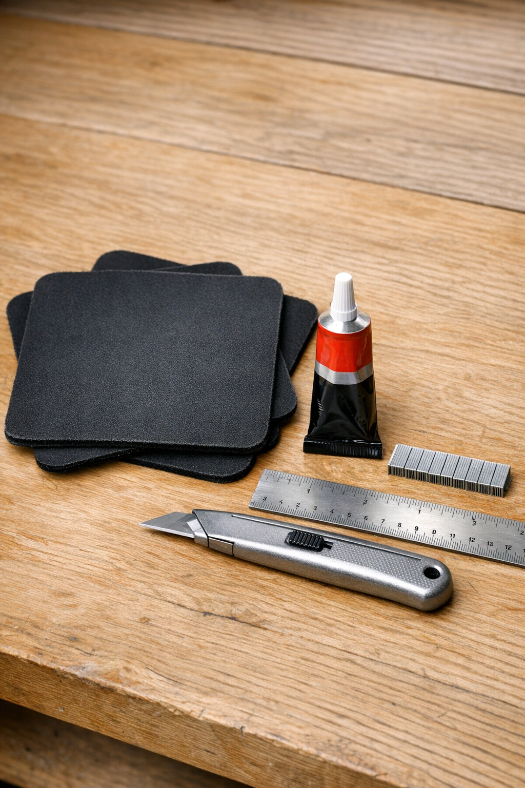 Old neoprene mousepads, adhesive, and staples laid out for the project