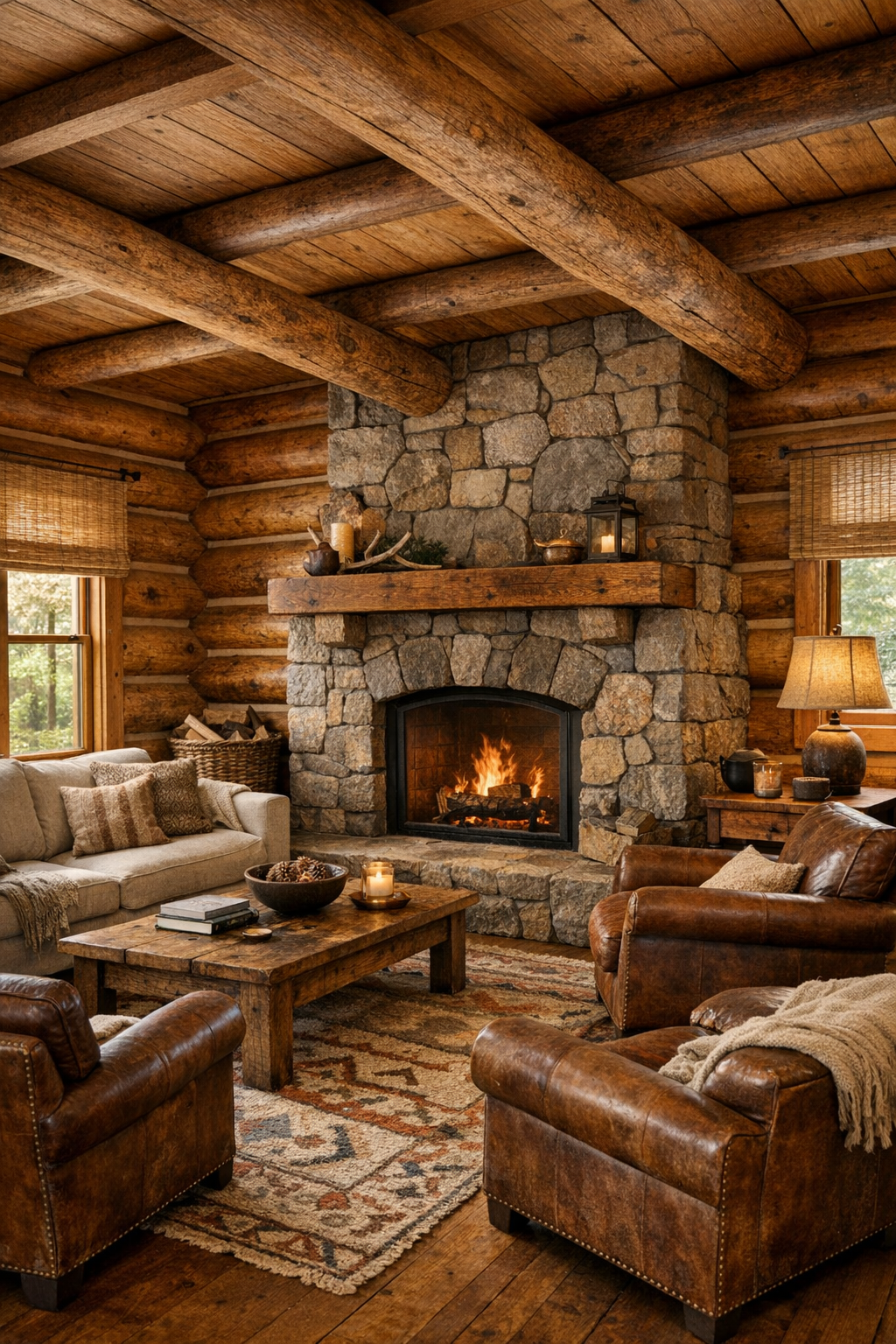 Rustic living room with cedar log walls, stone fireplace, and warm natural textures