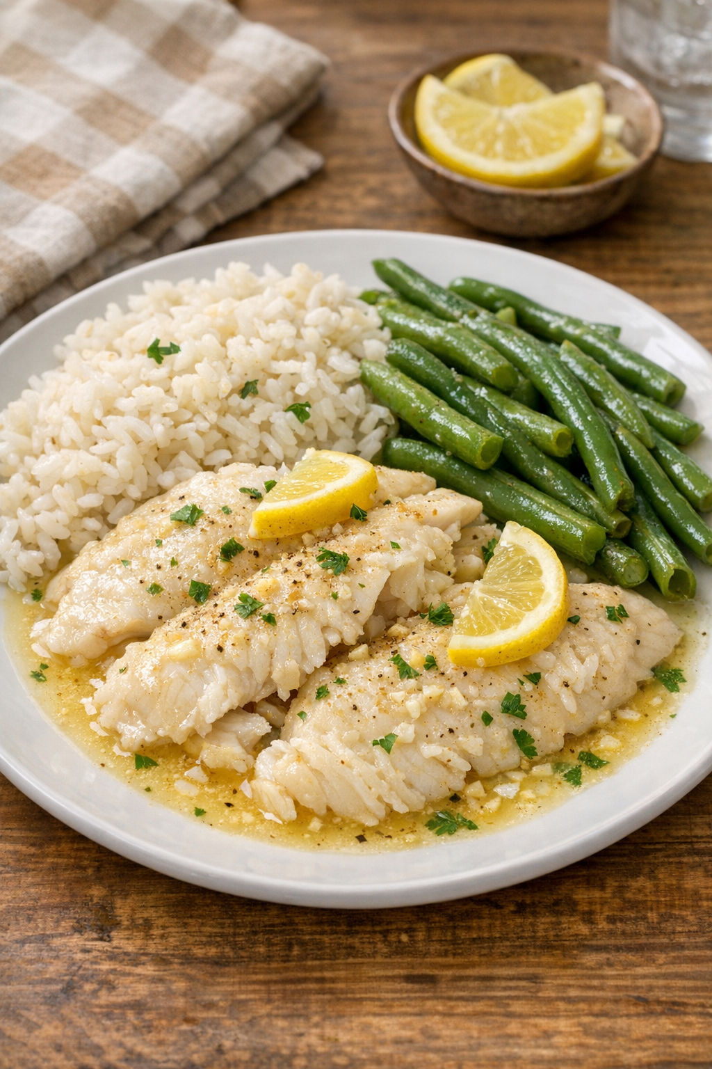Finished slow cooker tilapia plated with rice and vegetables