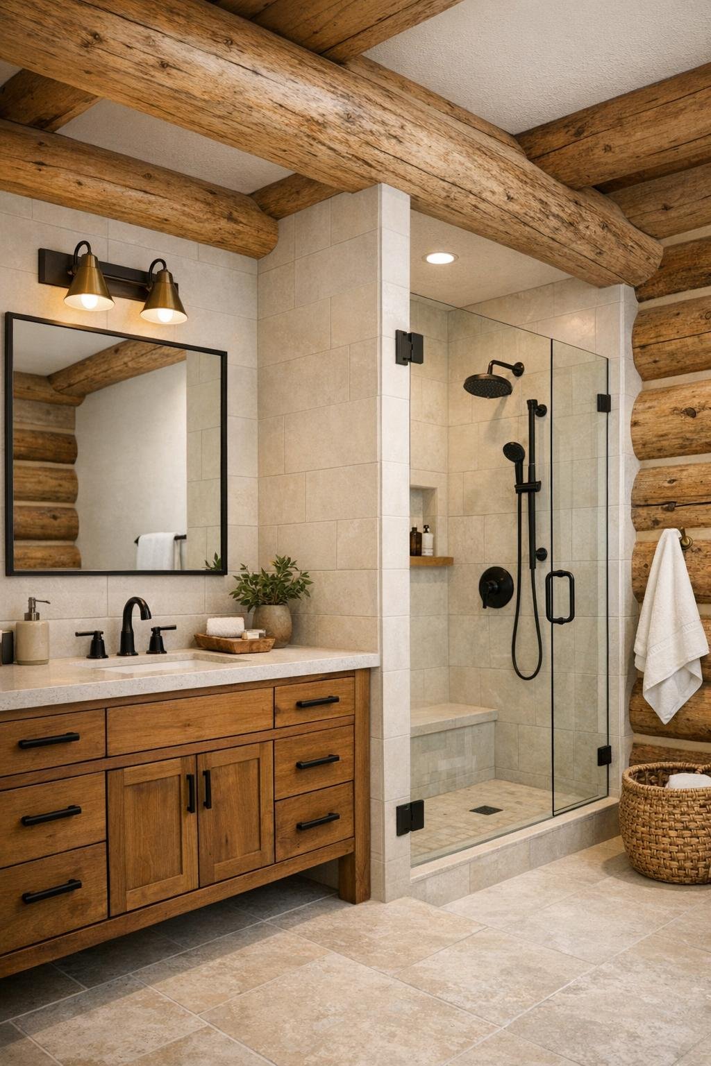 Bright bathroom with wood vanity, stone counter, and simple handmade-look tile