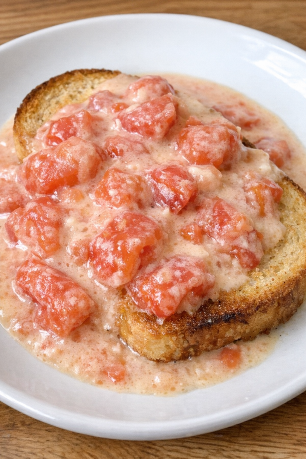 Creamed tomatoes on toast on a white plate