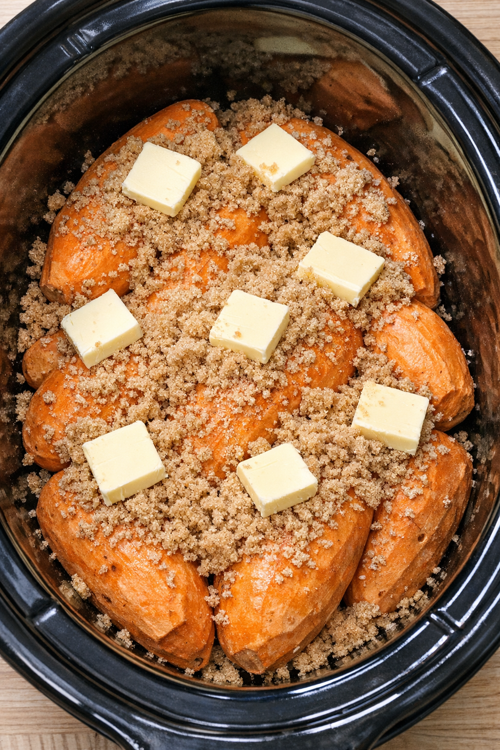 Sweet potatoes topped with butter and brown sugar in slow cooker