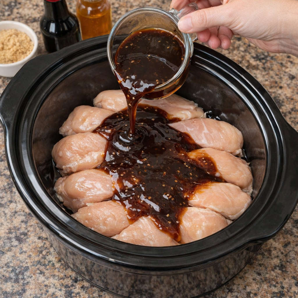 Raw chicken breasts arranged in a slow cooker