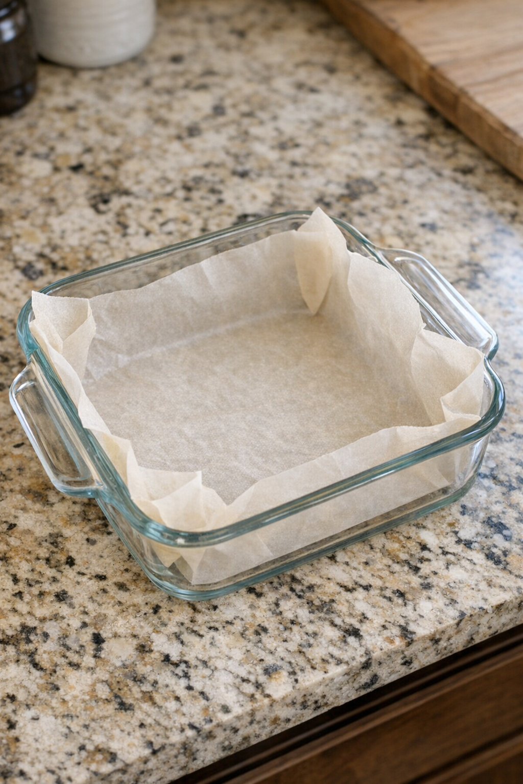 Prepared glass baking dish lined with parchment