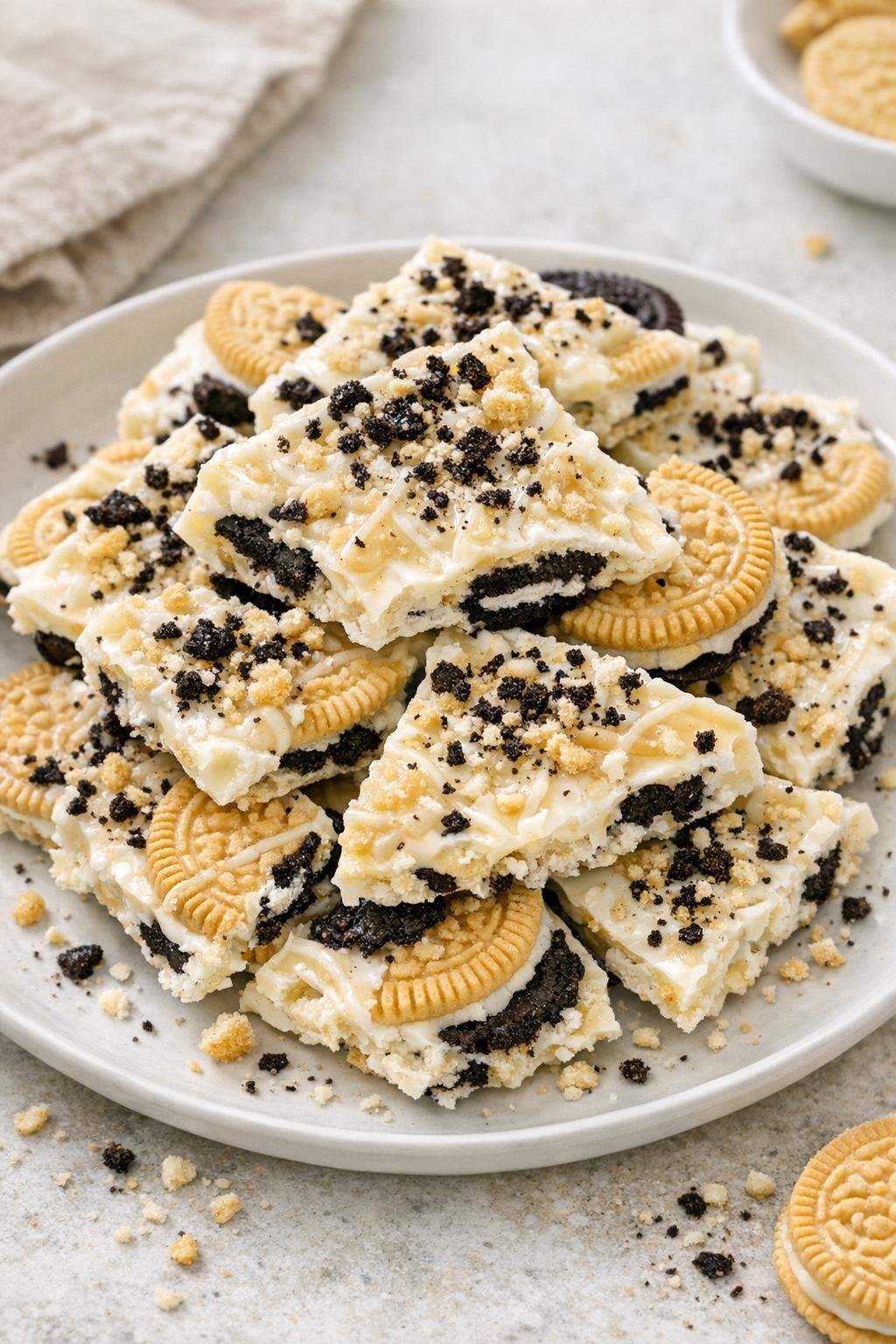 Finished cookies and cream bark on a serving plate