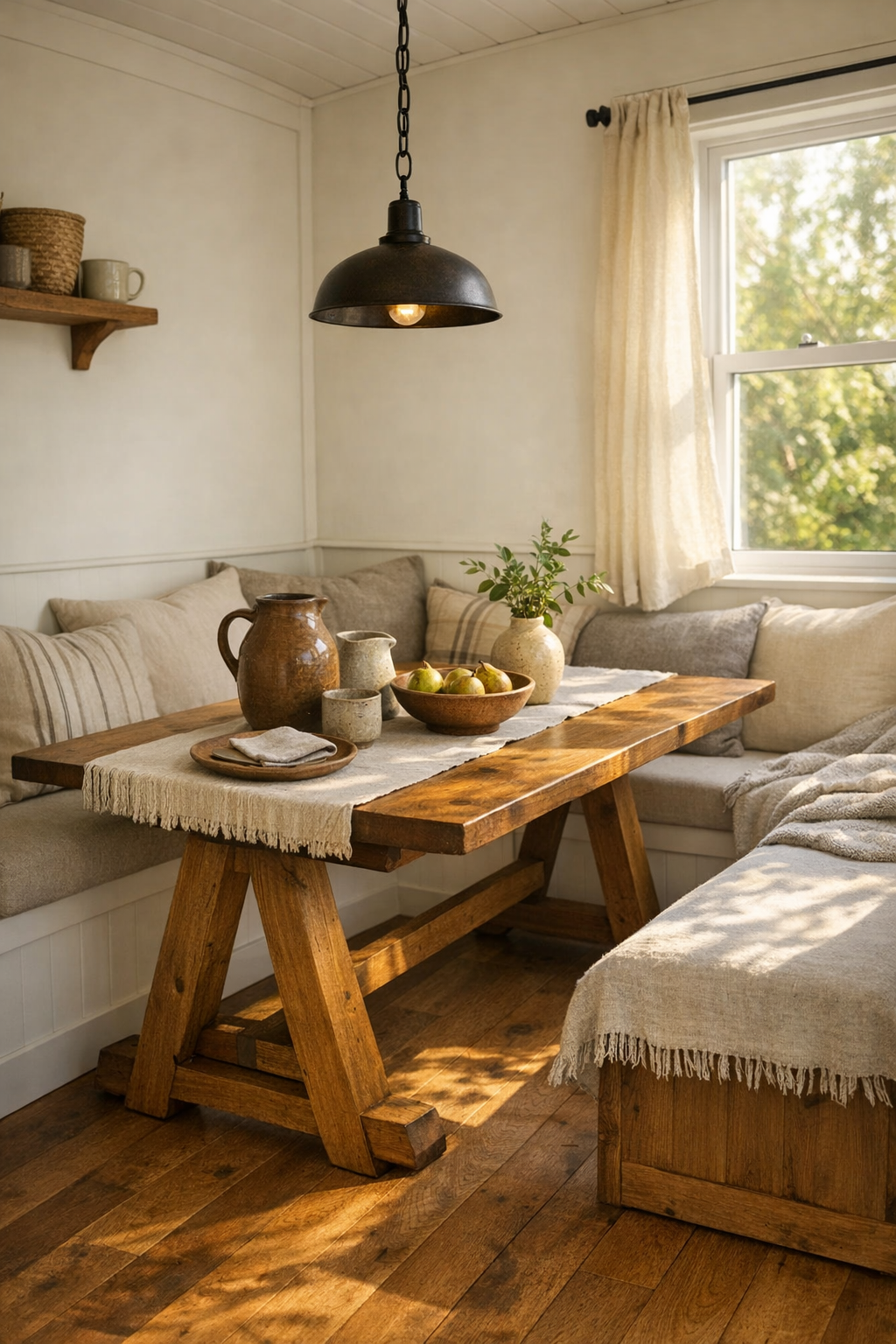 Cozy tiny home dining area with a wooden trestle table, built-in bench, and iron pendant light