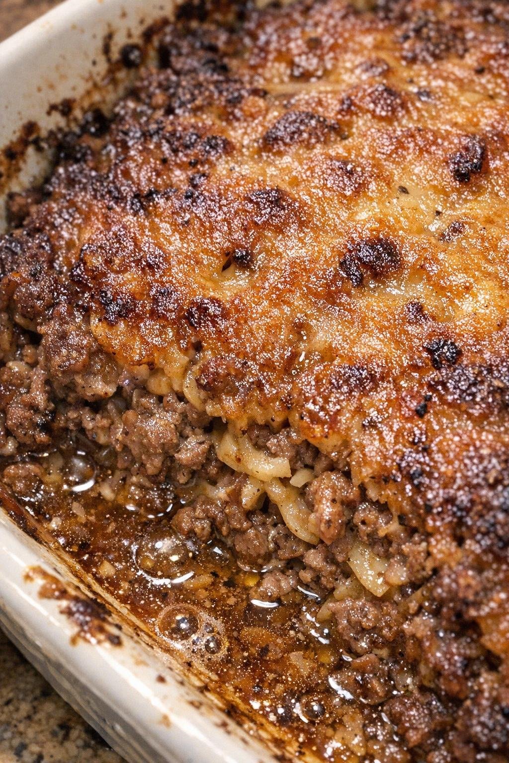 Caramelized golden-brown beef casserole in a ceramic baking dish