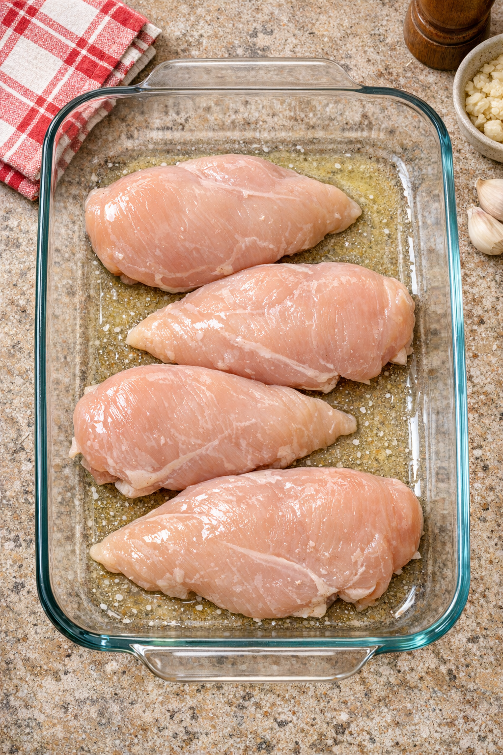 Raw chicken breasts arranged in a glass casserole dish