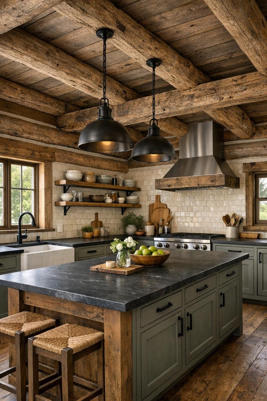 Rustic kitchen with a soapstone island and sage-gray cabinets
