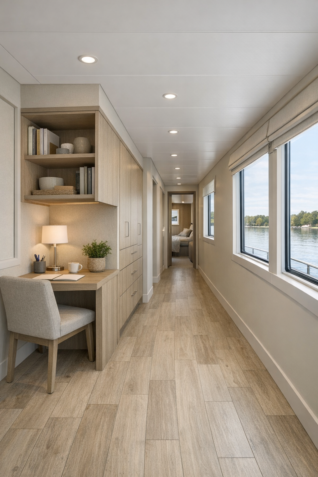 Wide houseboat corridor and flexible nook with built-in storage, pale flooring, and lake views