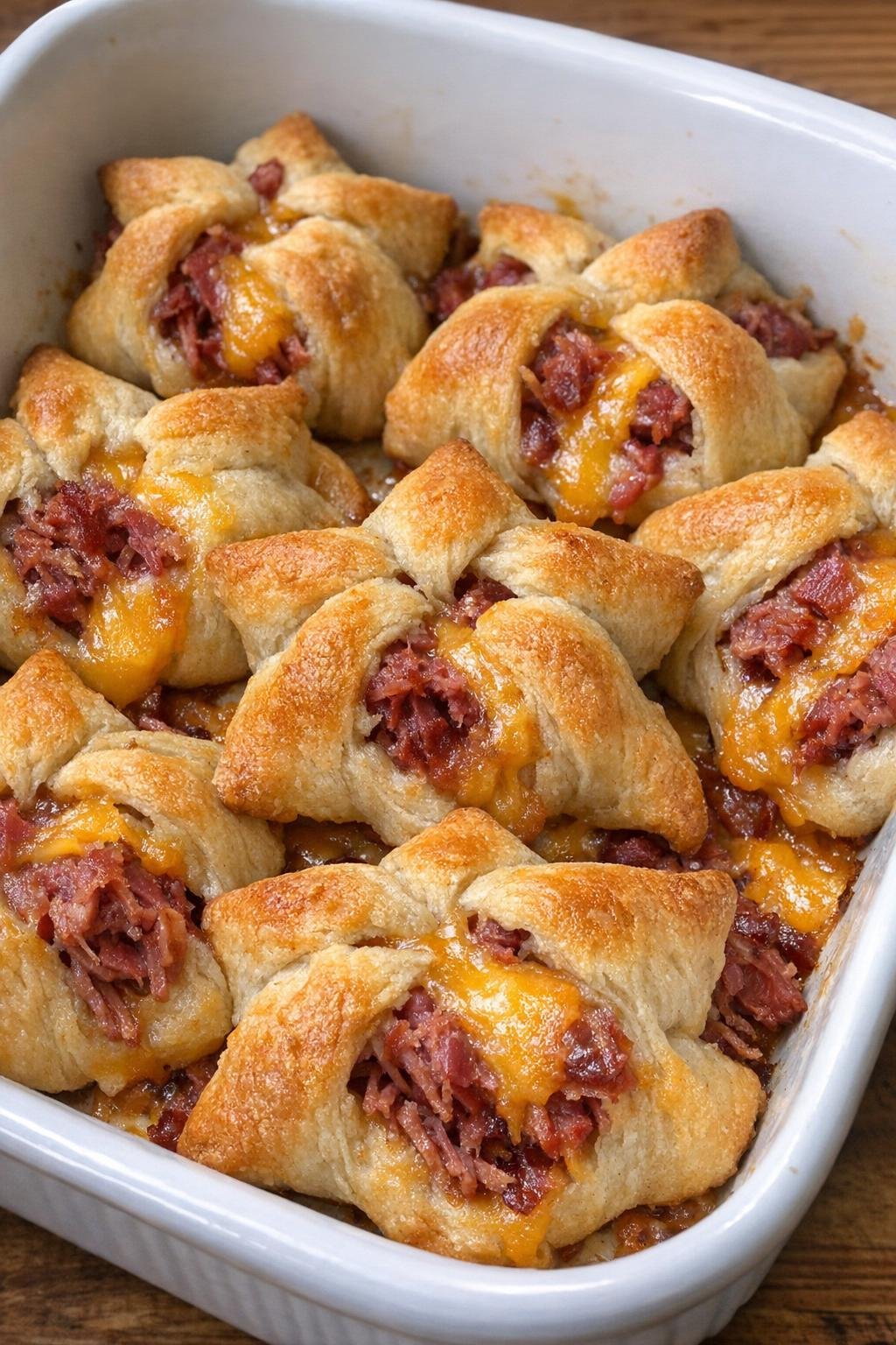 Star-shaped crescent pastries with corned beef and smoked cheddar