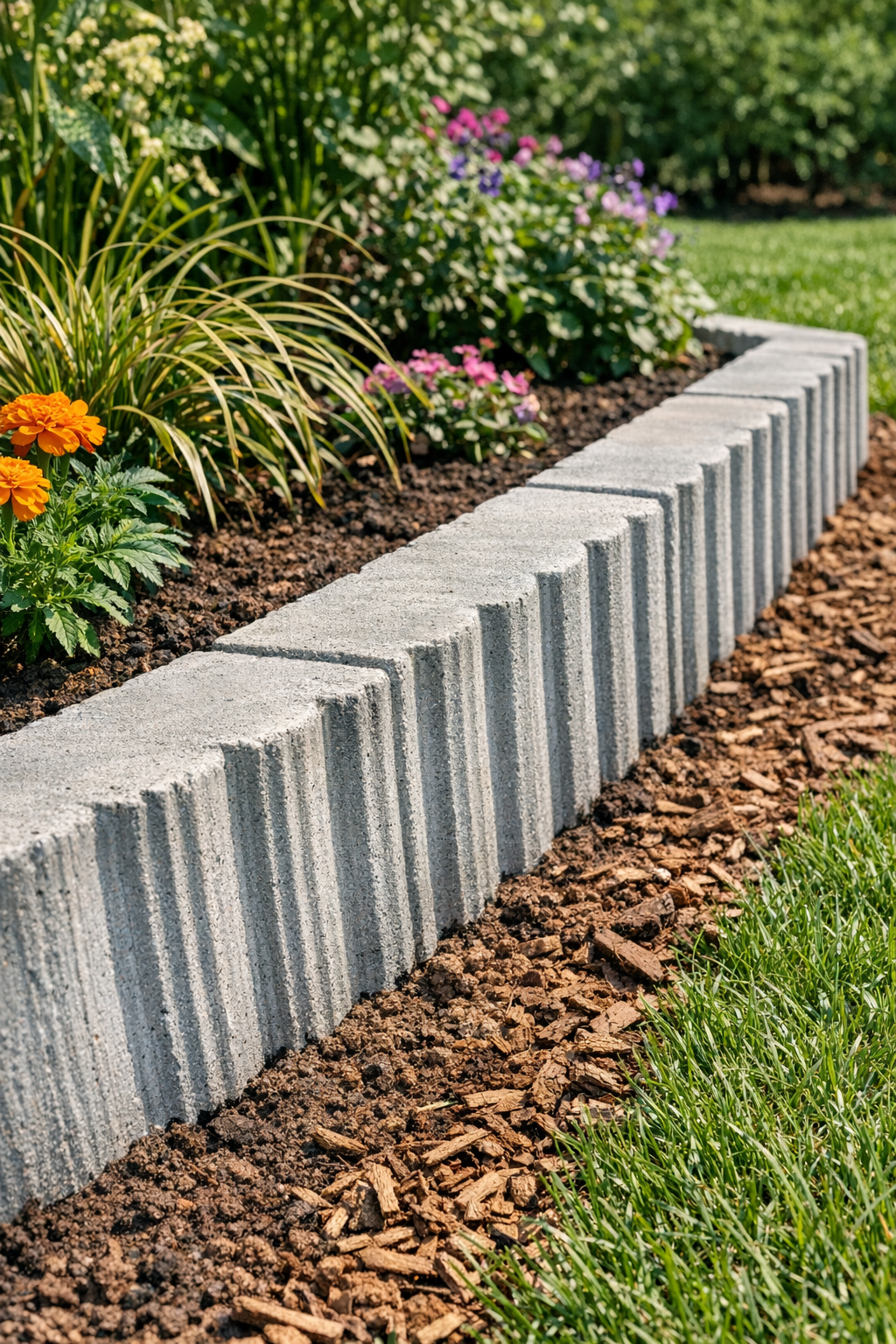 Finished heavy ridged cement garden edging bordering a planted bed