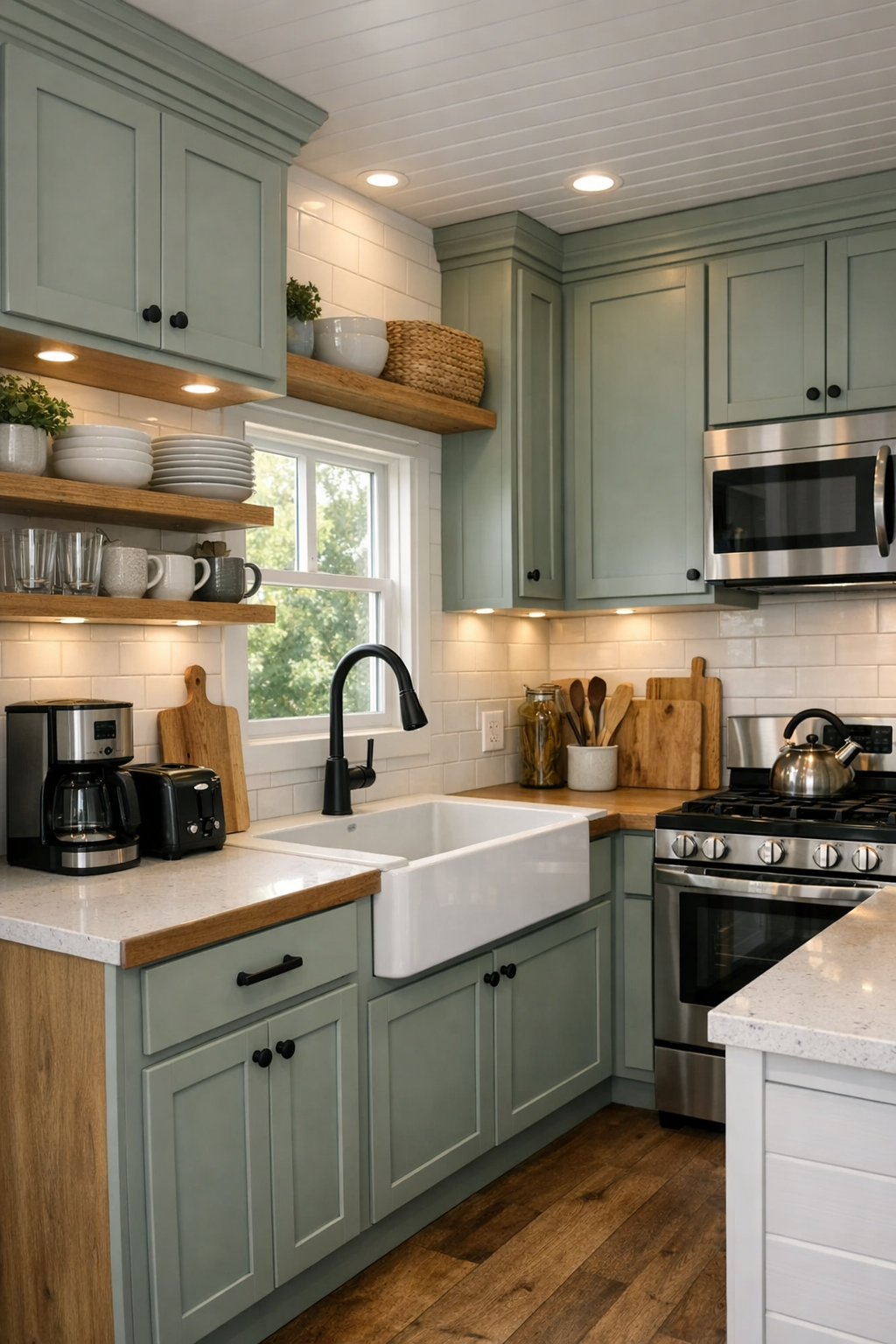 Craftsman-style small kitchen with shaker cabinets and warm wood countertops