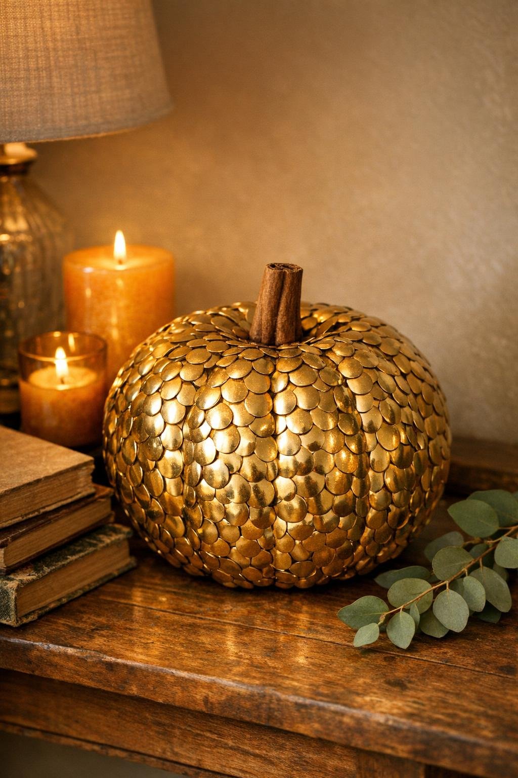Finished studded gold harvest pumpkin displayed as fall decor