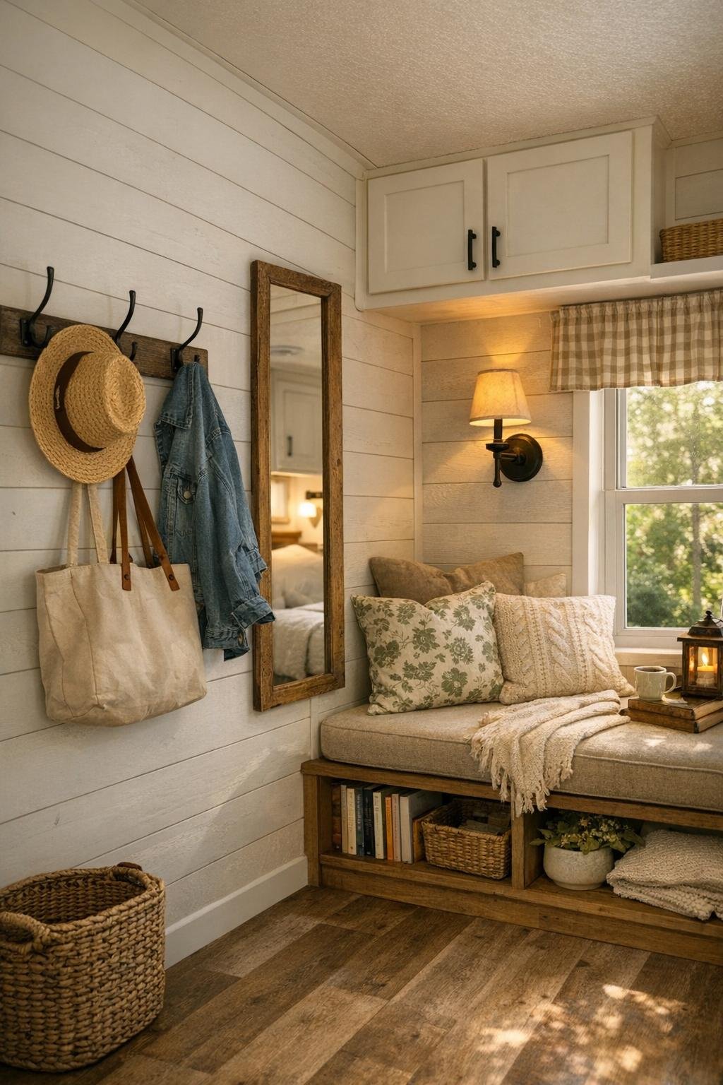 Small transitional nook with built-in storage and a charming reading spot