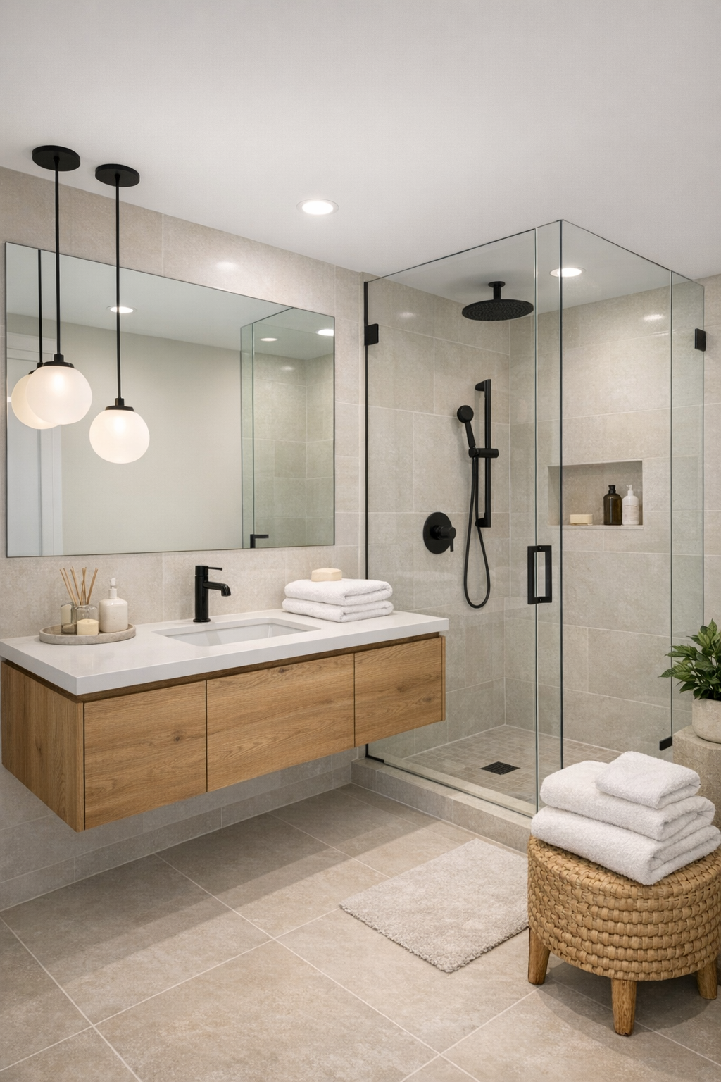 Light bathroom with floating wood vanity, black fixtures, and a glass shower