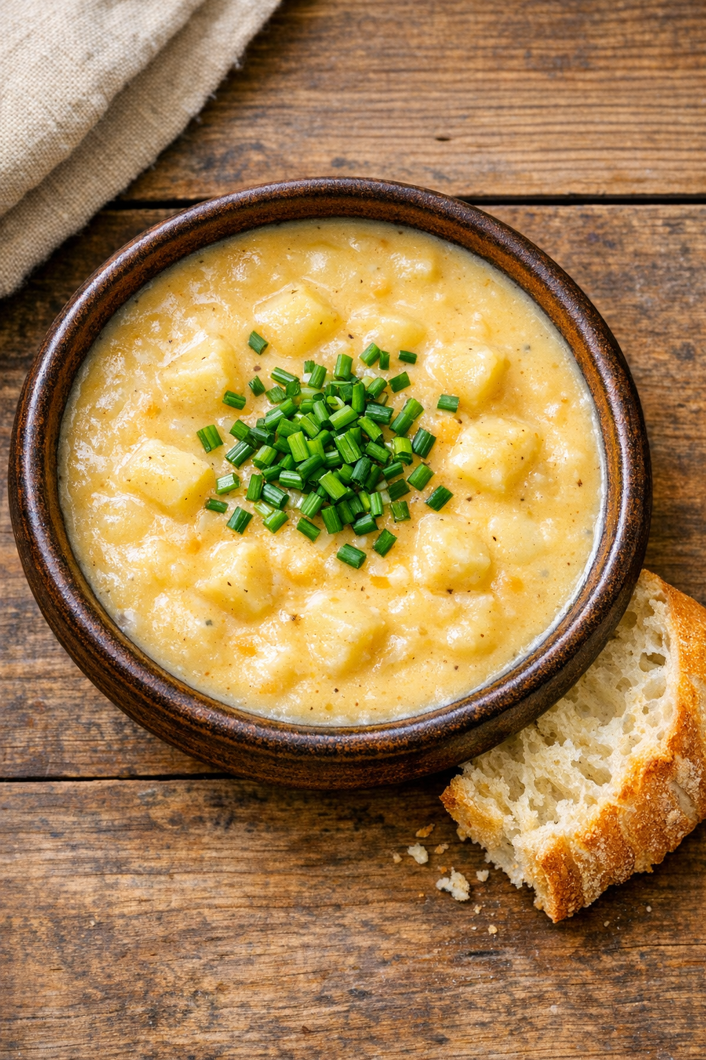 Finished cheddar potato soup plated in a rustic brown bowl