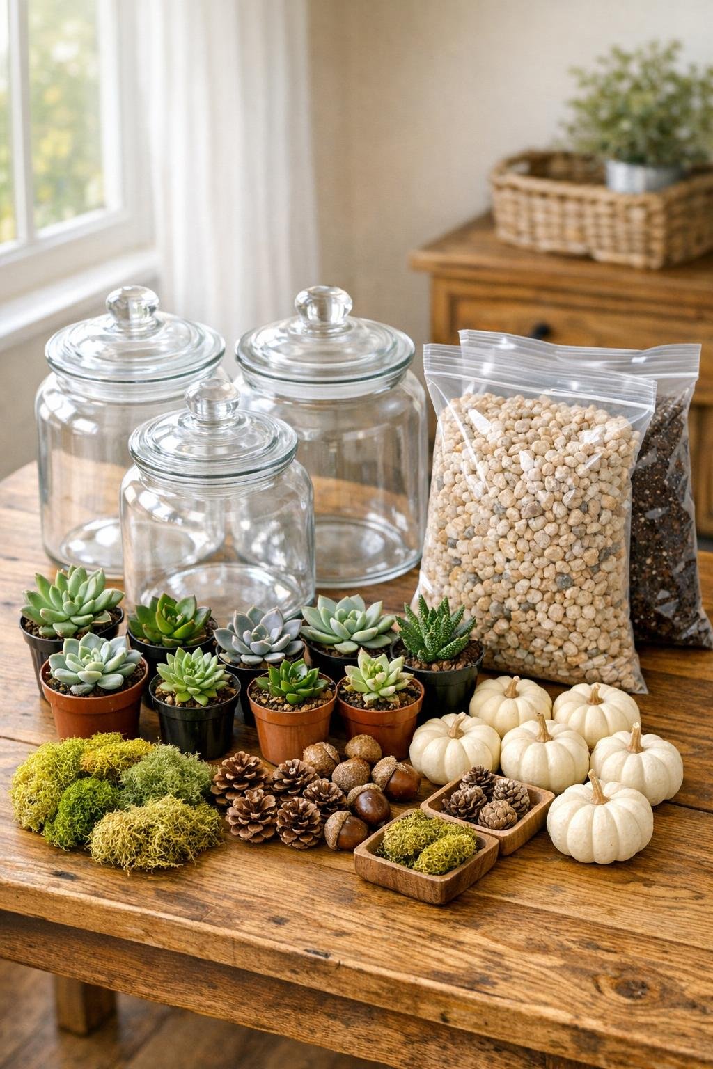 Glass cookie jars, succulents, and terrarium fillers arranged on a table