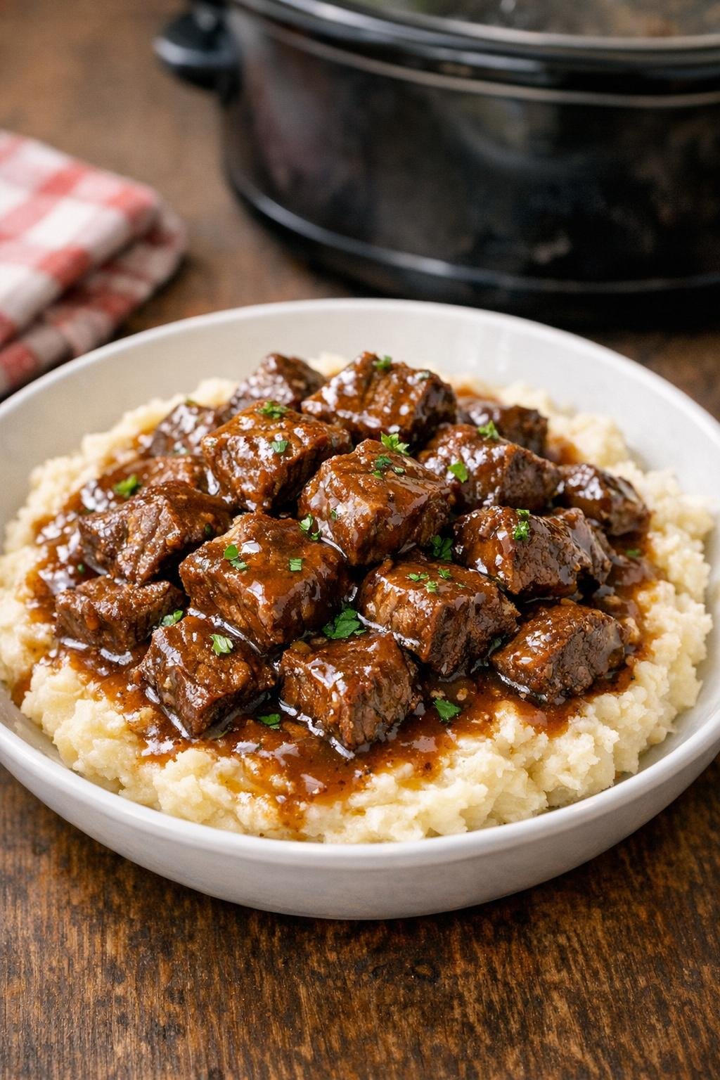Finished slow cooker beef tips plated for serving