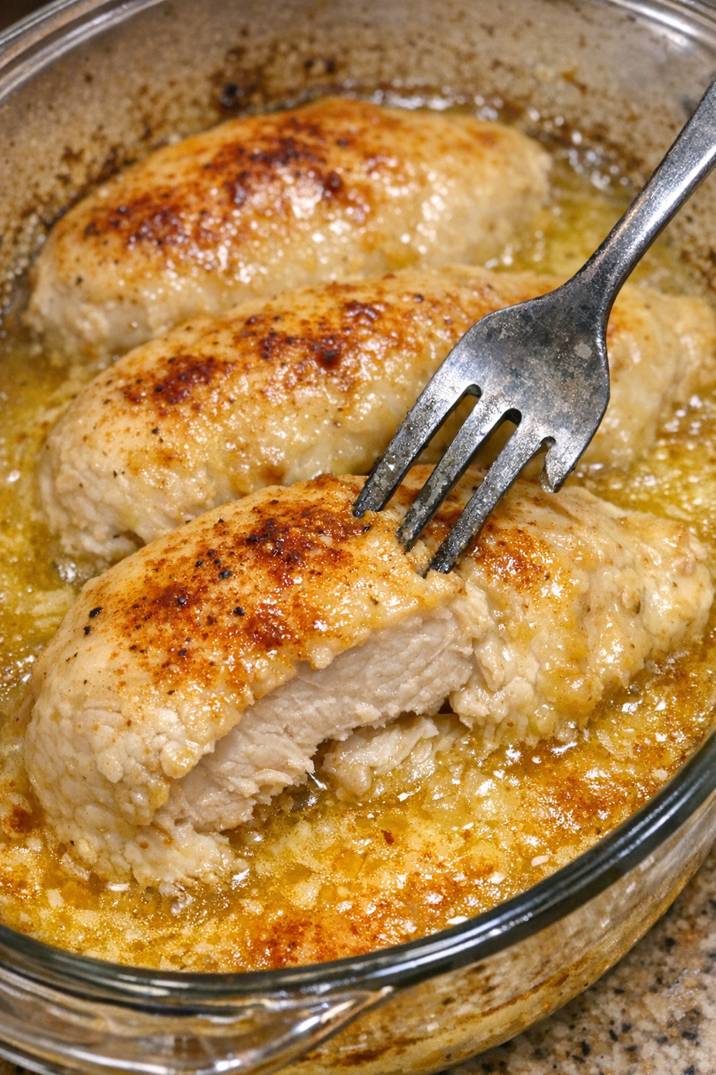 Chicken breasts in golden sauce in a glass baking dish