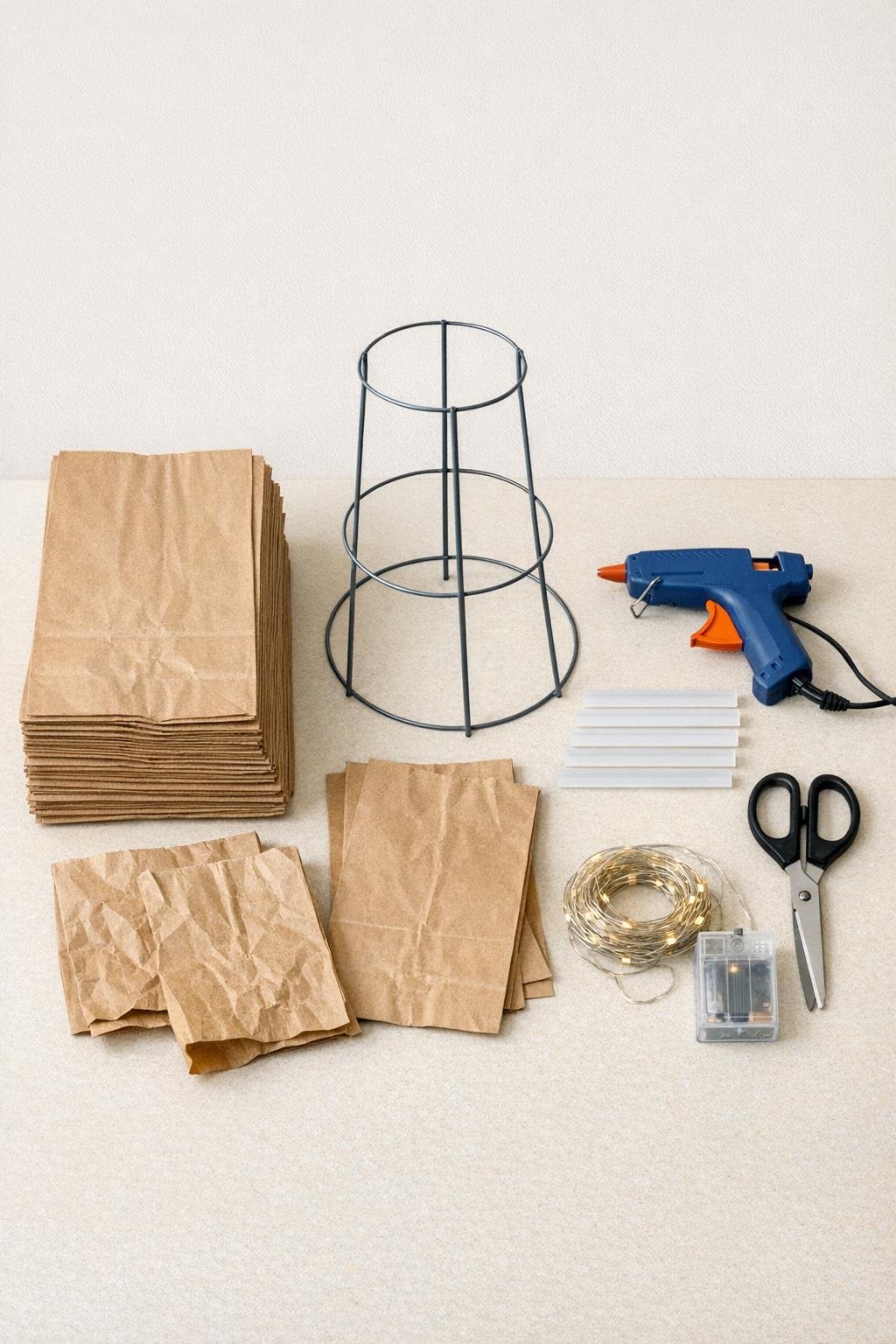 Materials for the paper bag lighted porch project laid out on a table