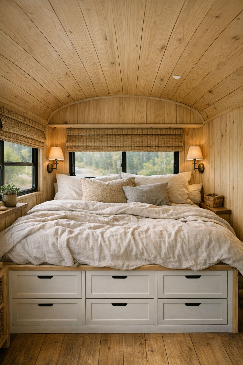 Snug converted bus bedroom with built-in bed, linen bedding, wood walls, and soft natural light