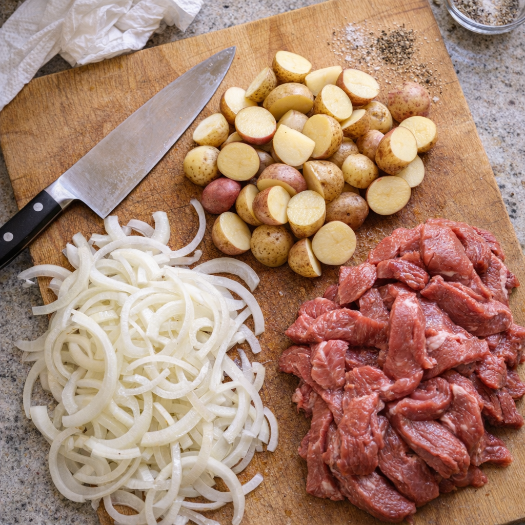 Sliced onions, potatoes, and beef ready for foil packets