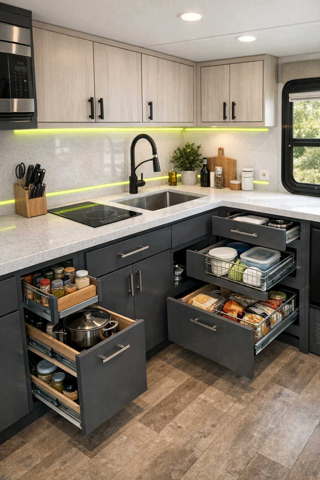 Accessible RV kitchen with charcoal cabinets and neon green backsplash accents