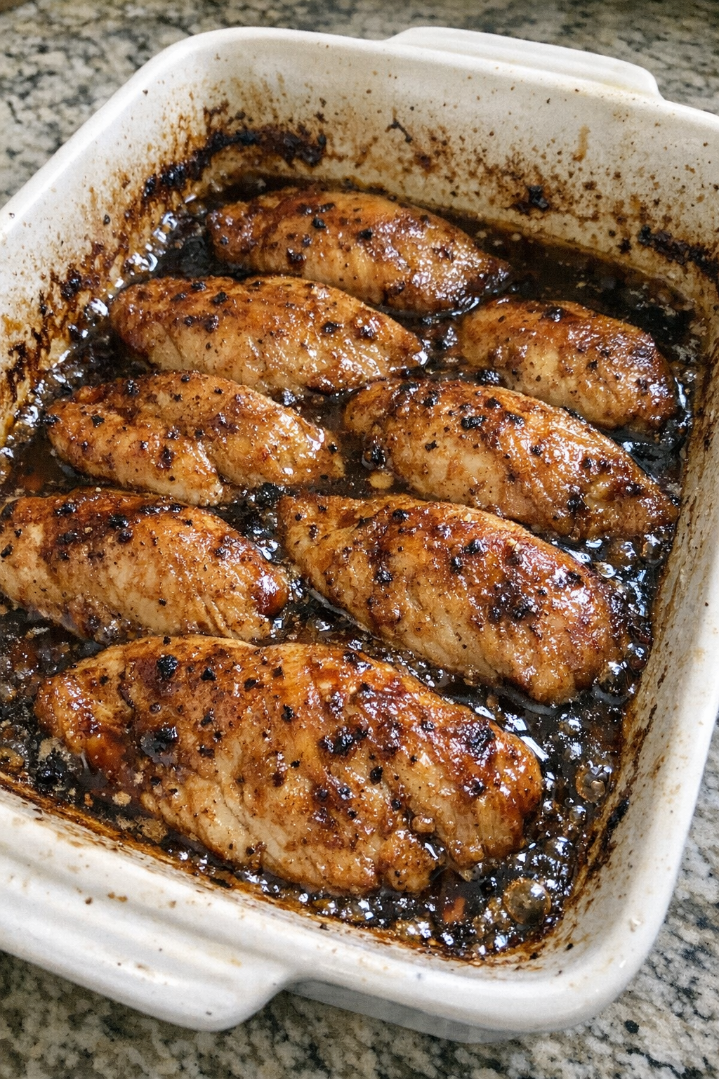 Caramelized chicken bake in a deep ceramic baking dish