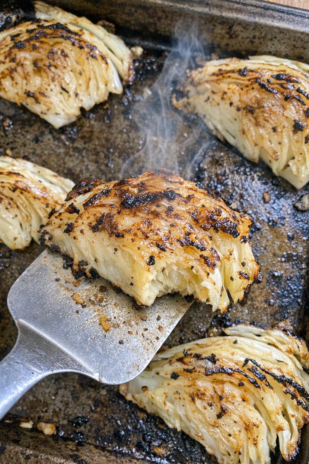 Caramelized roasted cabbage wedges on a dark metal pan