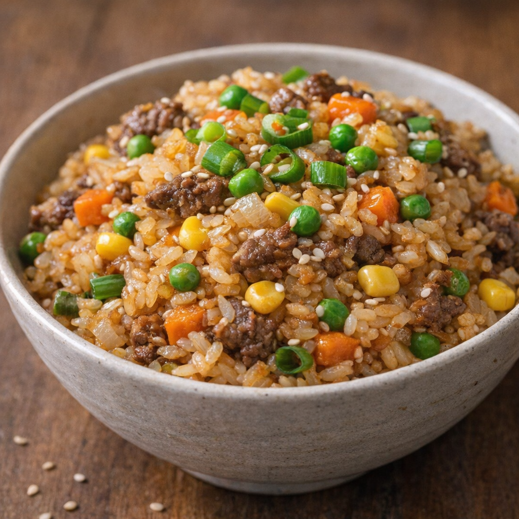 Close-up serving of fried rice topped with green onions