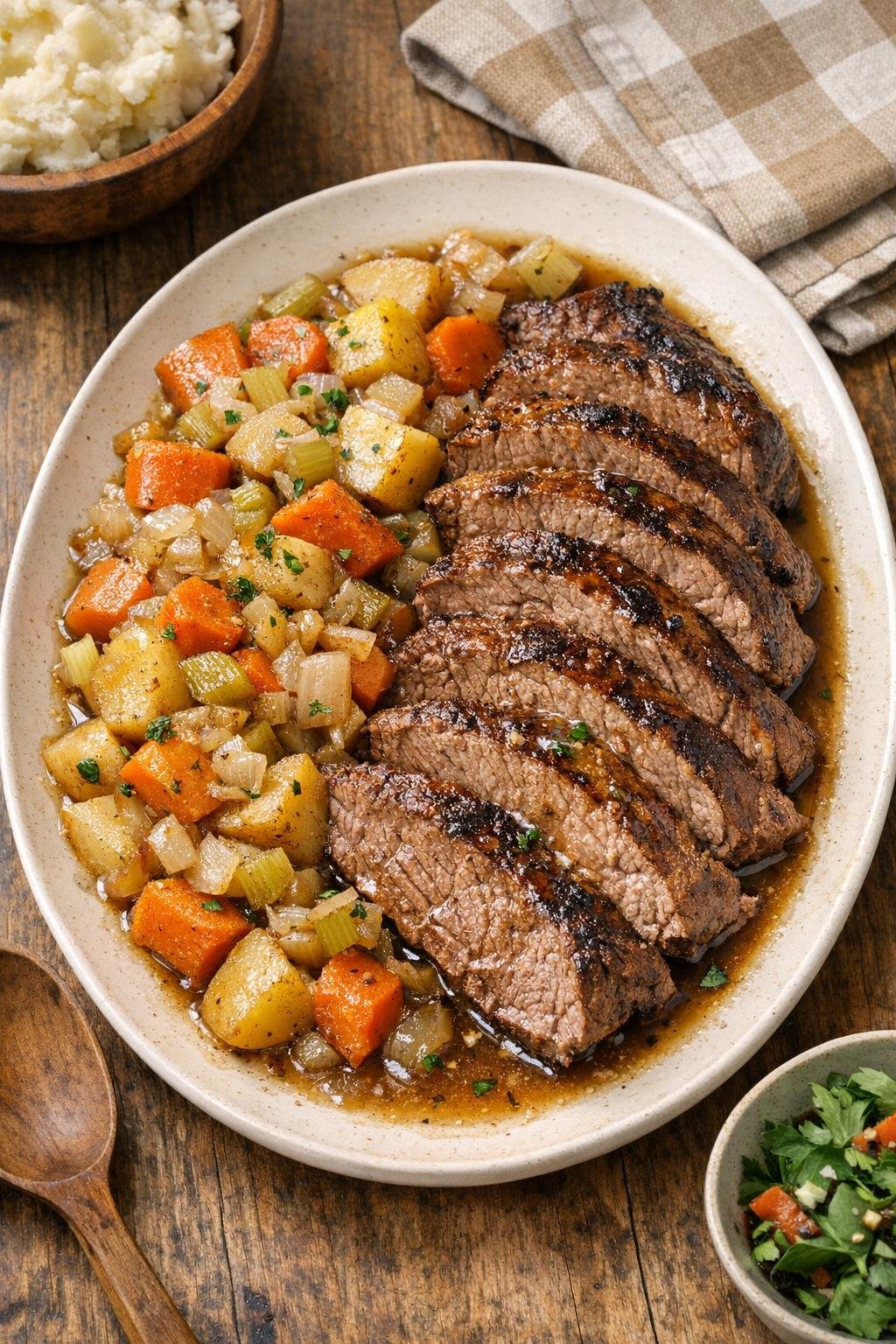 Finished slow cooker beef coulotte roast plated with vegetables