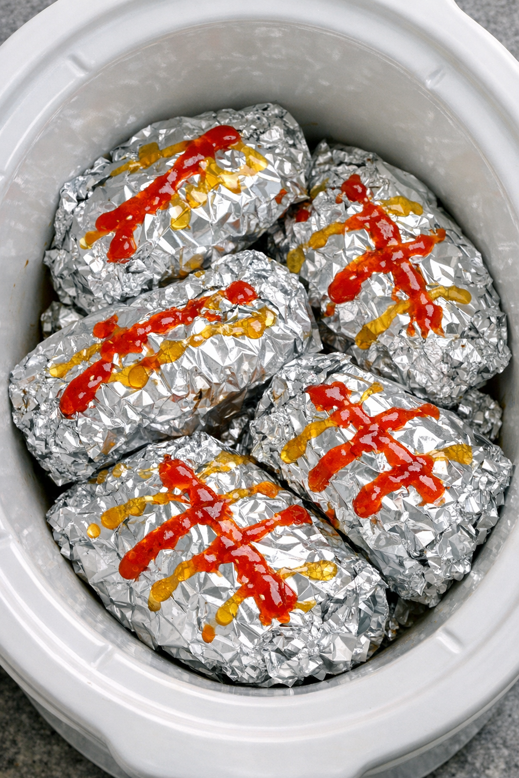 Finished honey sriracha chicken foil packets in a white slow cooker