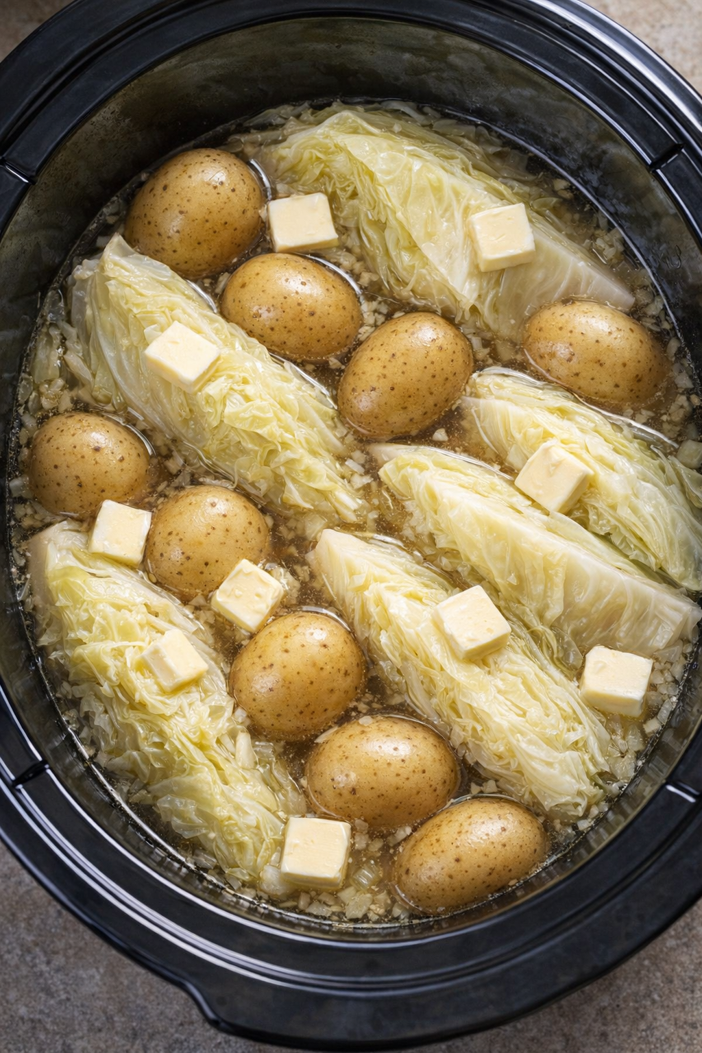 Slow cooker filled with cabbage, potatoes, broth, and butter