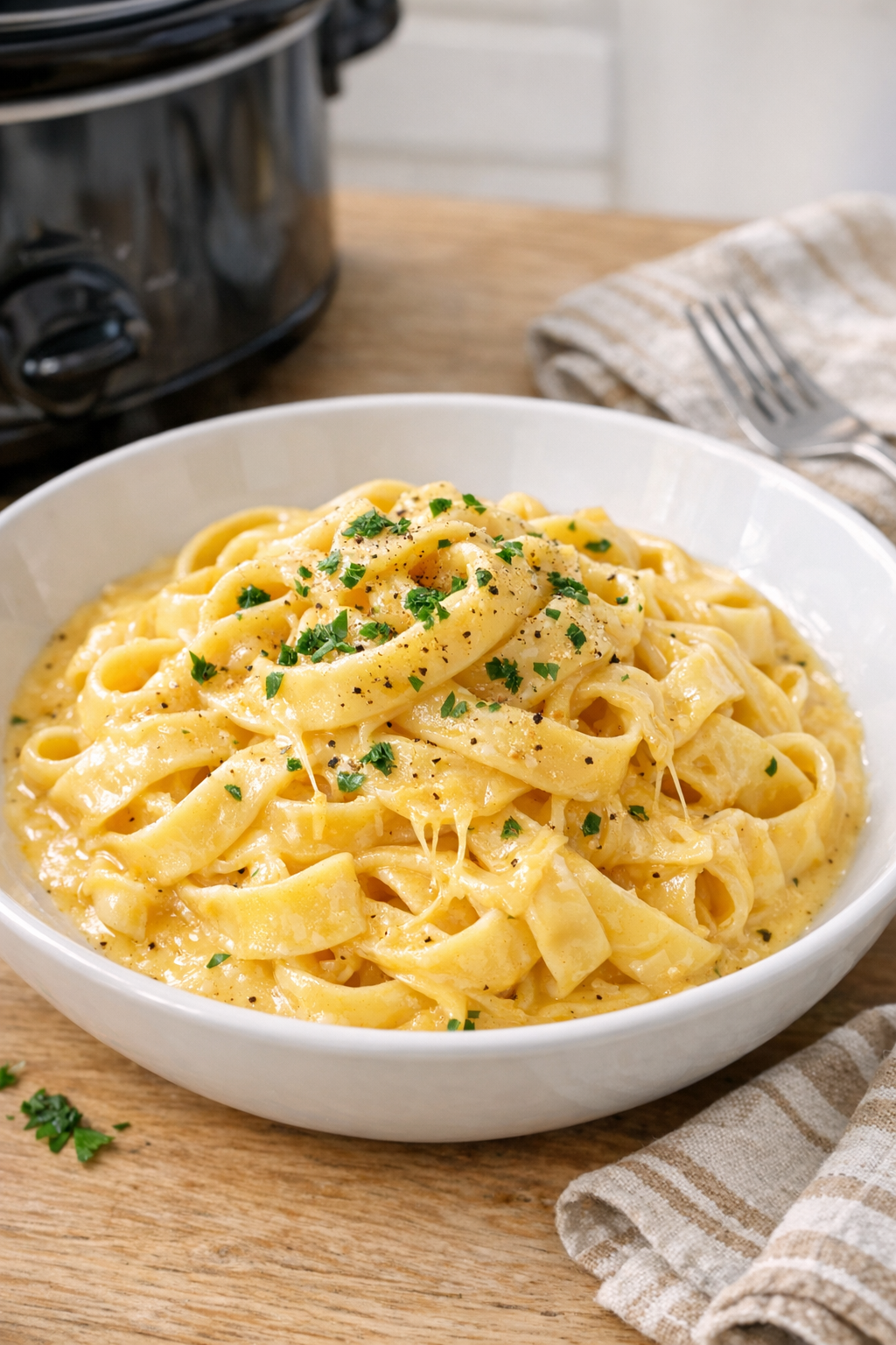 Finished creamy tagliatelle plated in a bowl