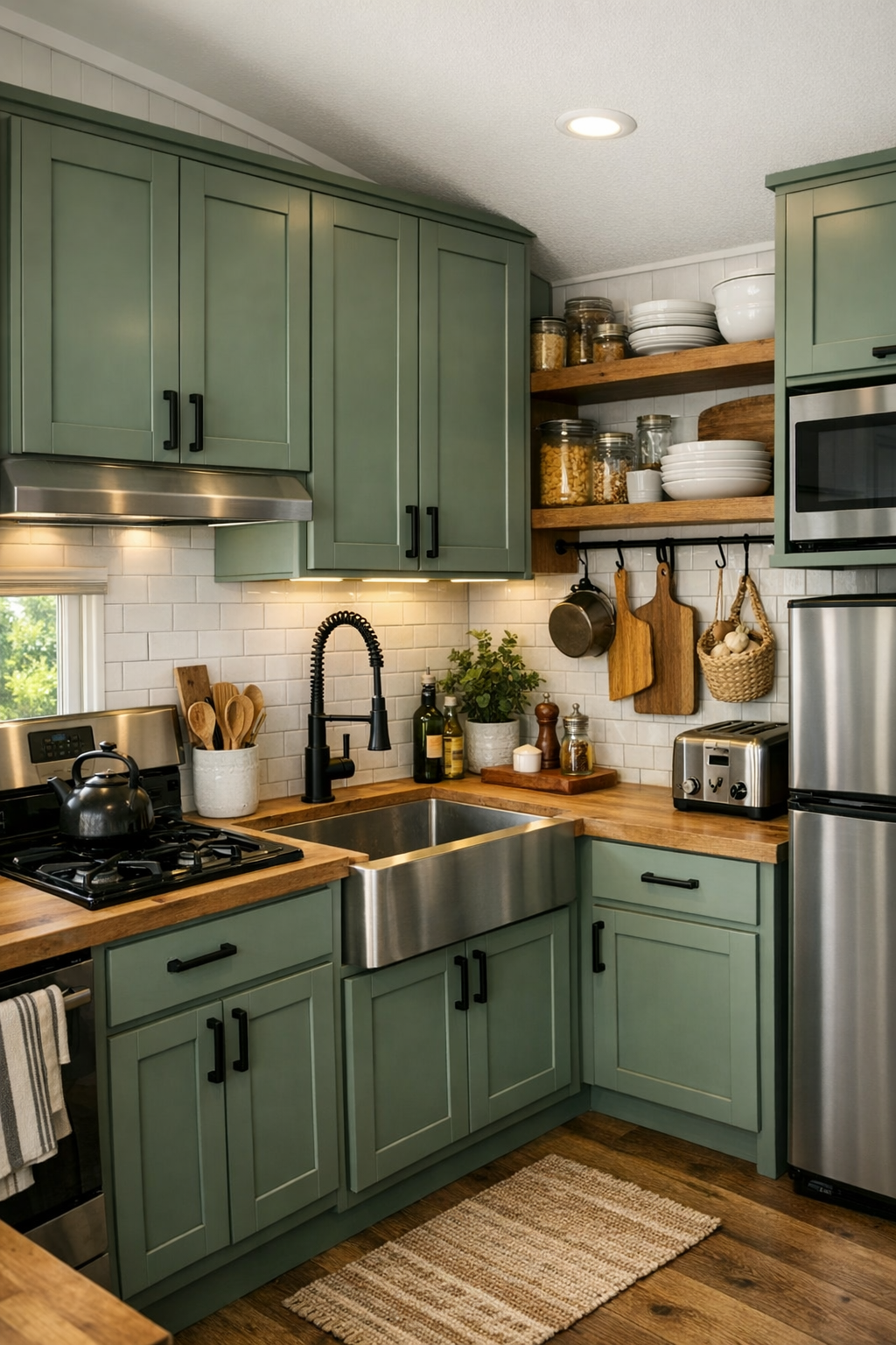 Craftsman kitchen with sage cabinetry, warm counters, and classic tile backsplash