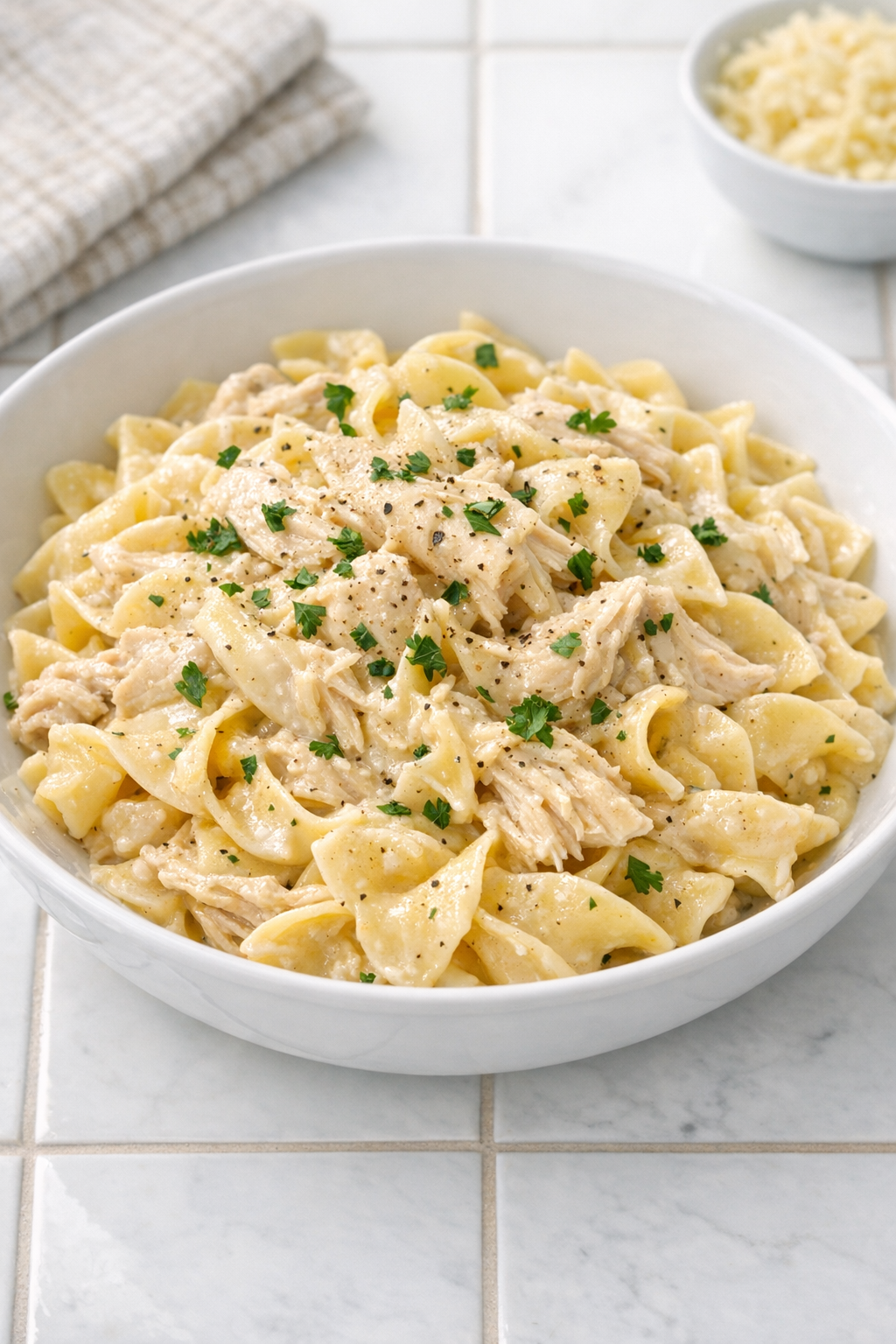 Finished creamy turkey pasta in a serving bowl