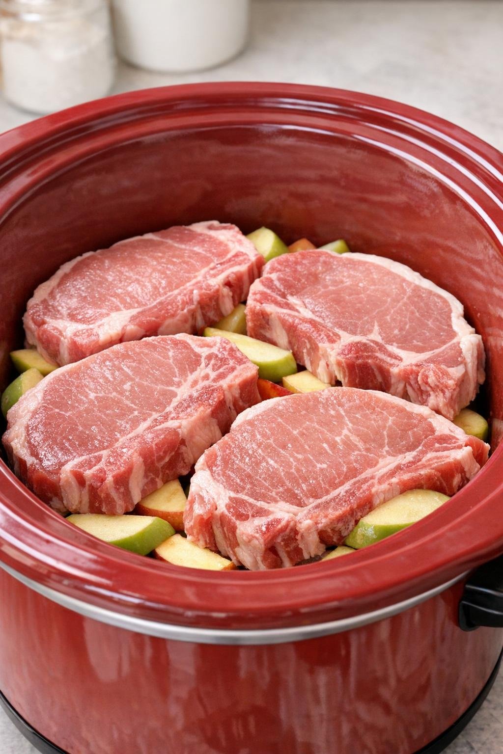 Rauwe varkenskoteletten, geserveerd op plakjes appel in de slowcooker.