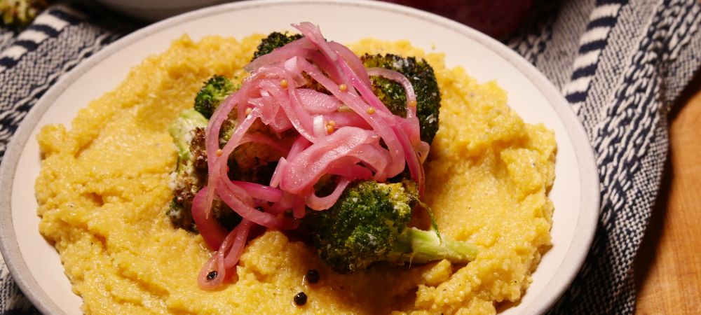 Three Recipes In One: Vegetarian Grits, Charred Broccoli, And Pickled Onions Recipe and Video