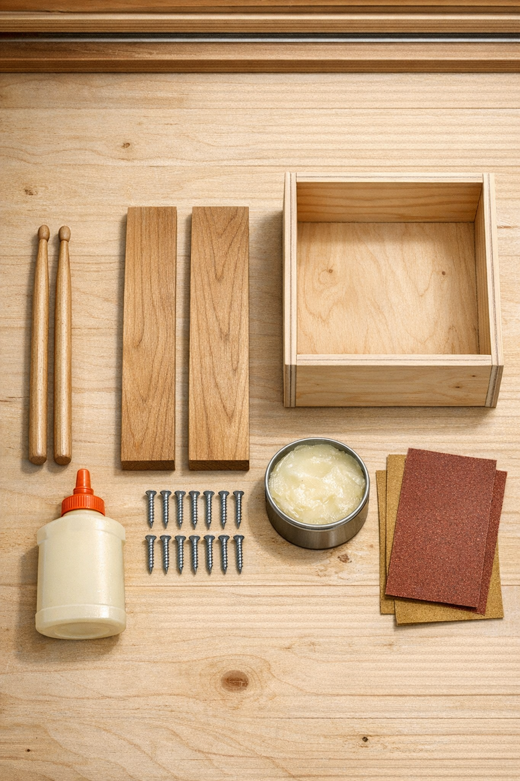 Materials for homemade drawer slides laid out on a workbench