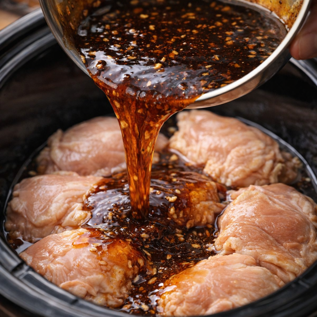 Honey soy sauce being poured over chicken