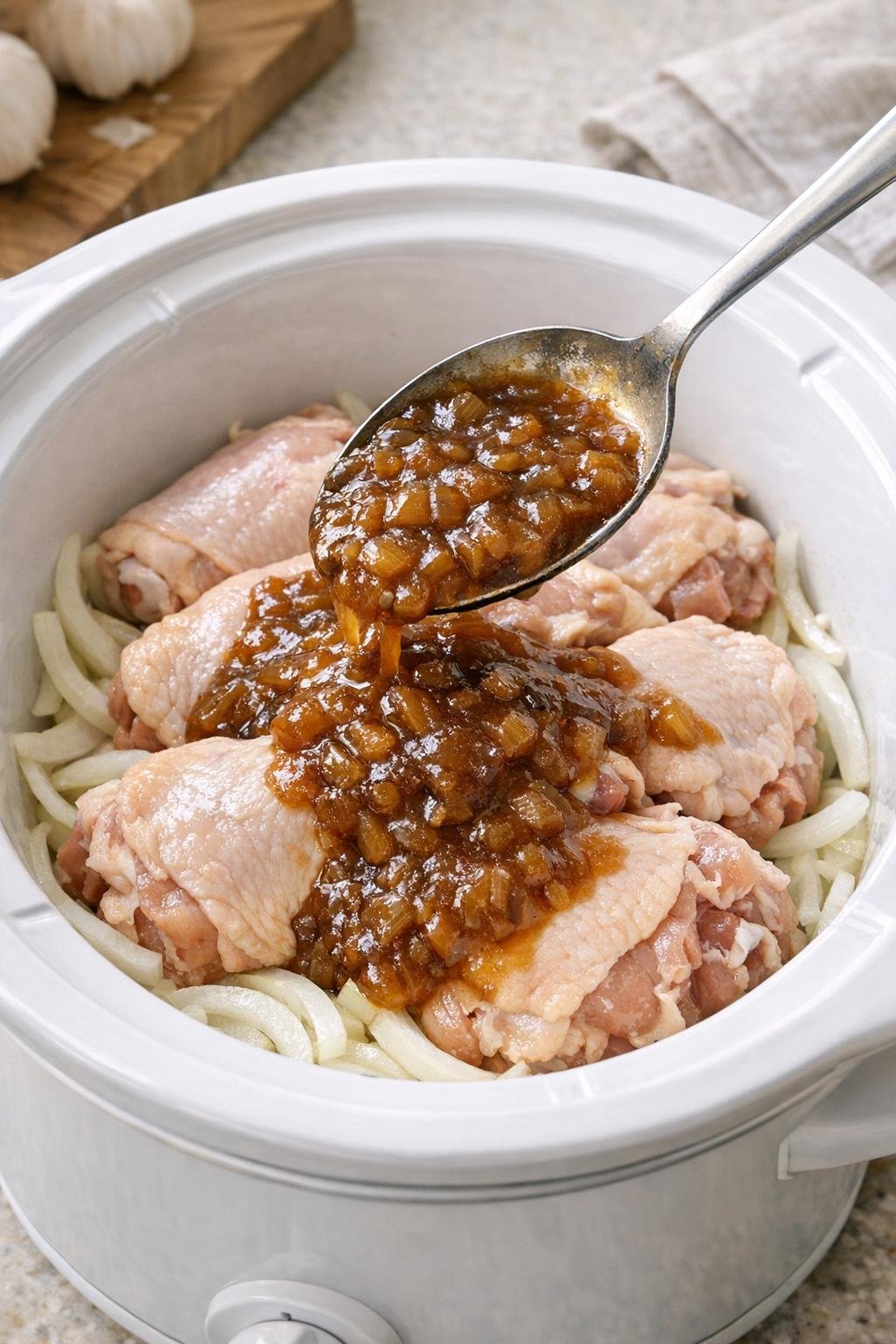Condensed French onion soup spread over chicken thighs
