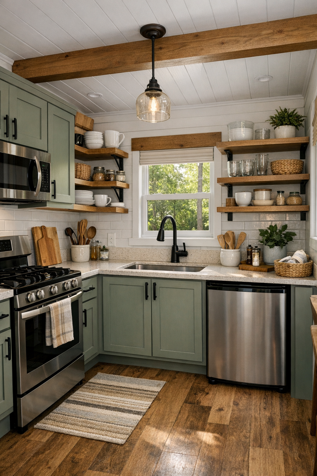 Warm craftsman kitchen with painted cabinets, wood accents, and bright work surfaces