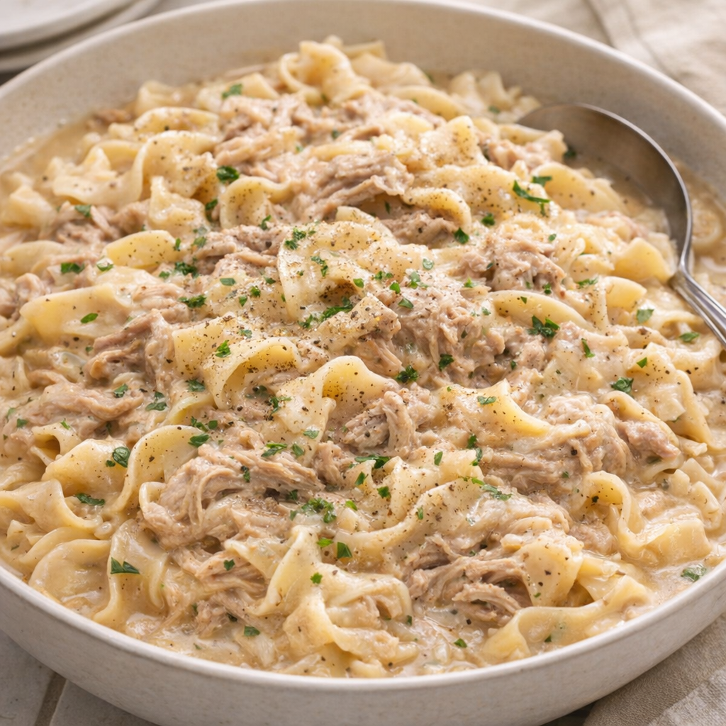 Creamy variation of pork roast and noodles in a family-style serving bowl