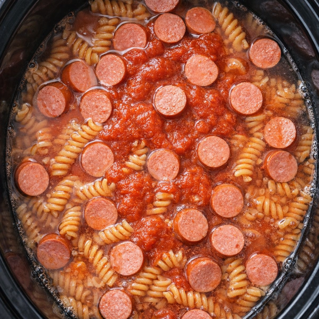 Top-down view of layered pasta and hot dogs in the slow cooker before cooking