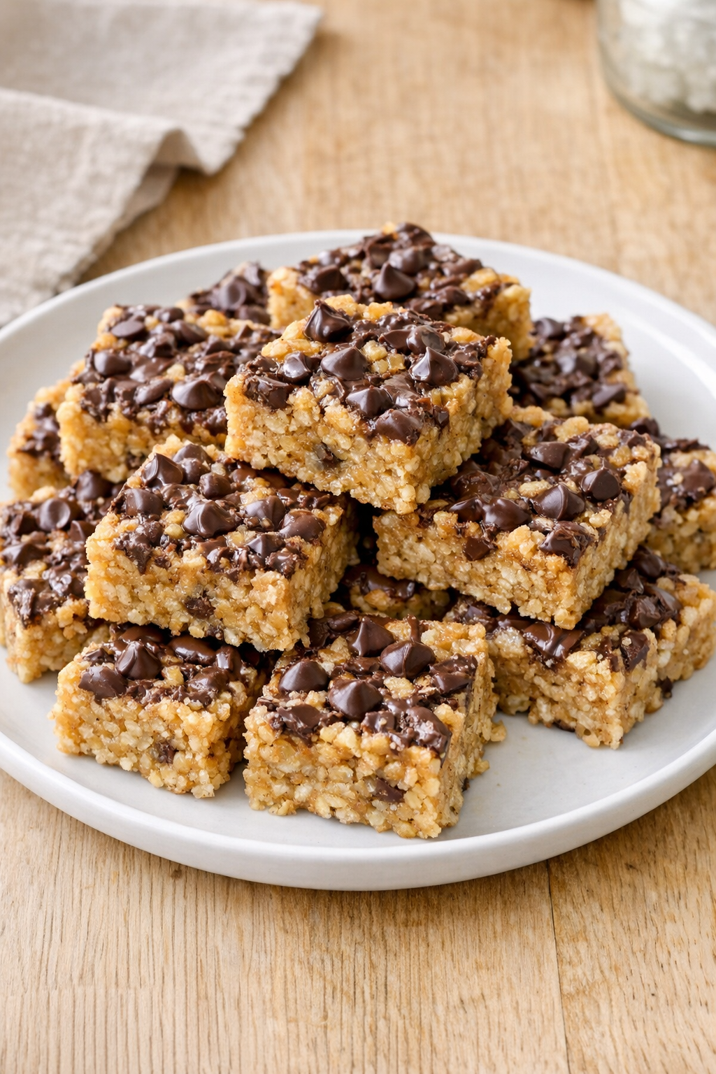 Finished baked crisp rice cereal dessert bars on a plate